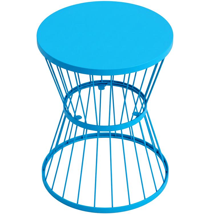 Blue round-top hourglass side table with metal wire hourglass base