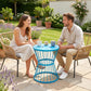 Blue hourglass patio side table with round top and steel wire-frame legs