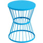 Blue round-top hourglass side table with curved steel wire frame