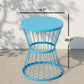 Blue hourglass side table with round top and metal wire base