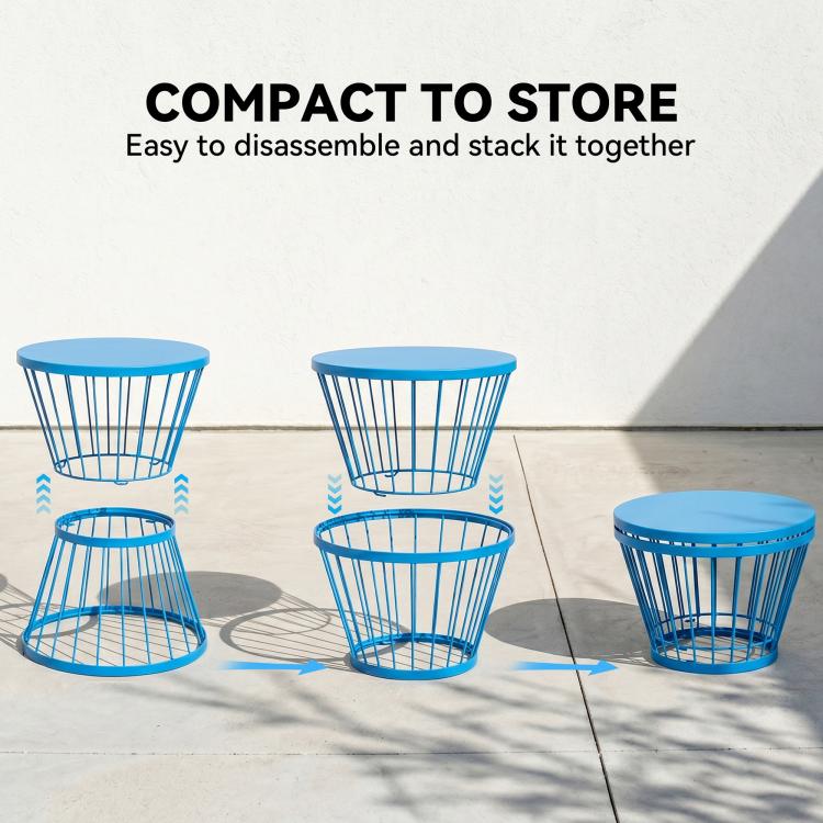 Stacked blue hourglass side tables with round tops and metal wire frames