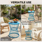 Blue hourglass side table with round top and metal wire base