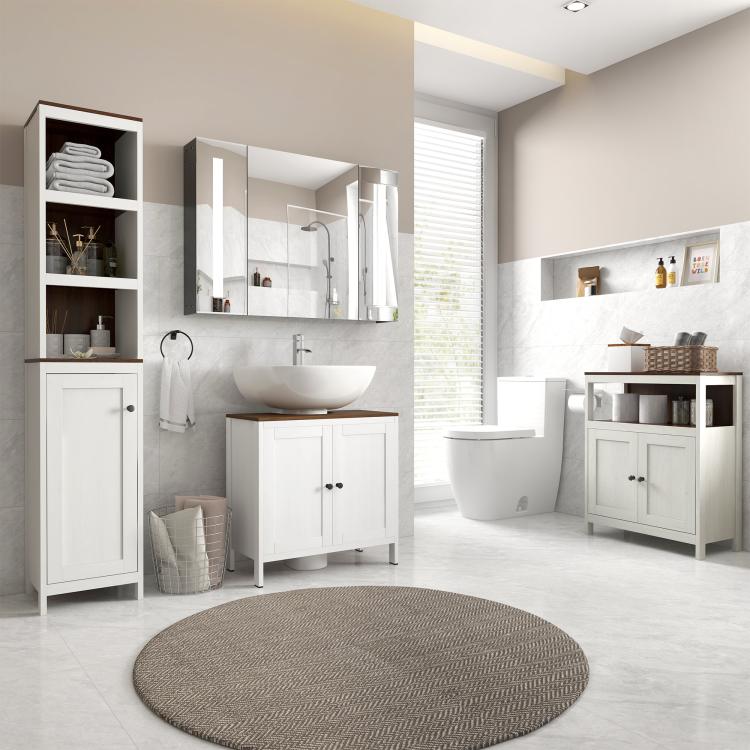 Freestanding under-sink cabinet, white with two paneled doors and black knobs