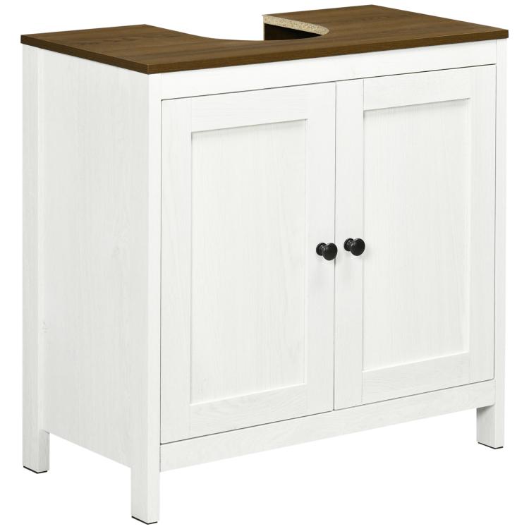 Freestanding cabinet with dark wood top and white two-door storage with black knobs