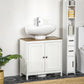 Bathroom sink cabinet with two-panel doors and dark wood top, freestanding on legs