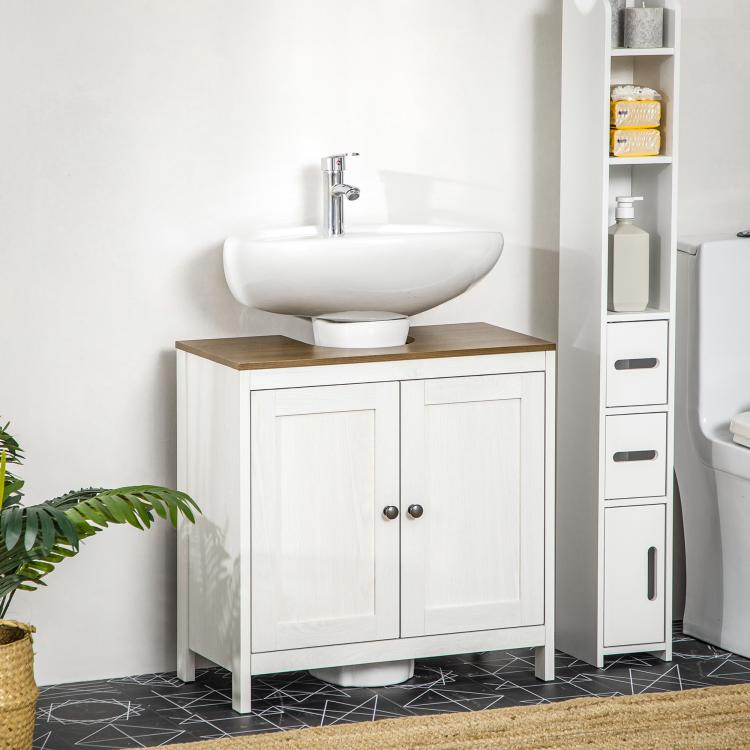 Bathroom sink cabinet with two-panel doors and dark wood top, freestanding on legs
