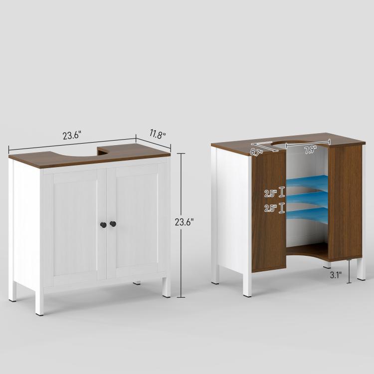Freestanding bathroom sink cabinet with sink cutout; side view shows open interior storage