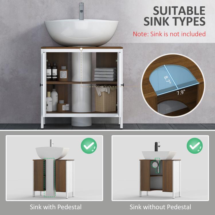 Bathroom sink cabinet with open doors and adjustable shelf for storage items inside