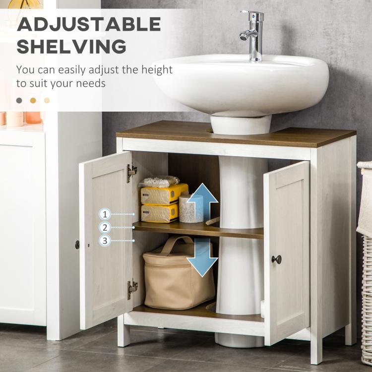 Freestanding bathroom cabinet with adjustable shelving and open doors for under-sink storage