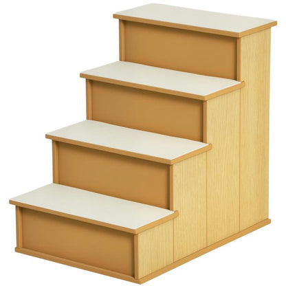 Wood pet stairs with four steps and cushioned white treads in natural finish