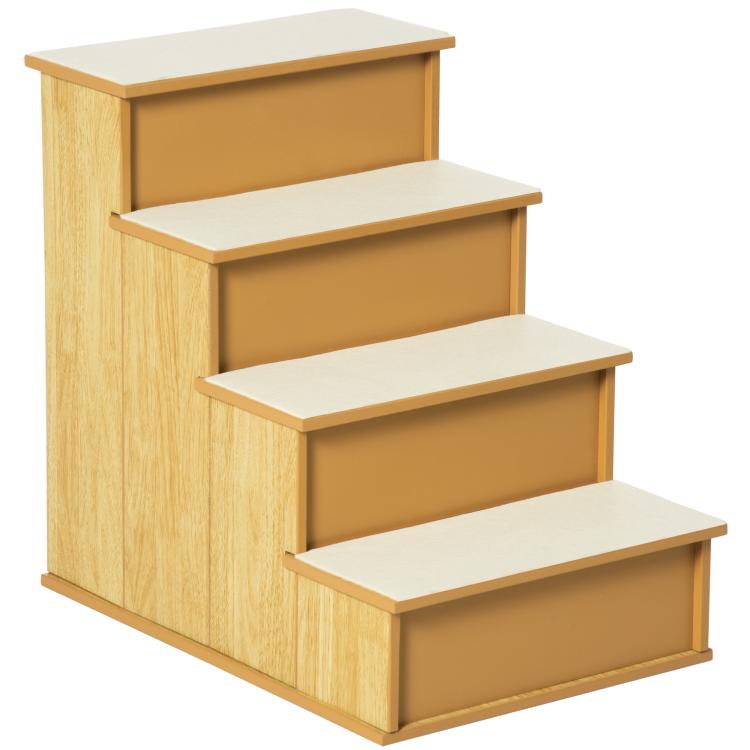 Three-step pet stairs in natural wood with white cushioned treads