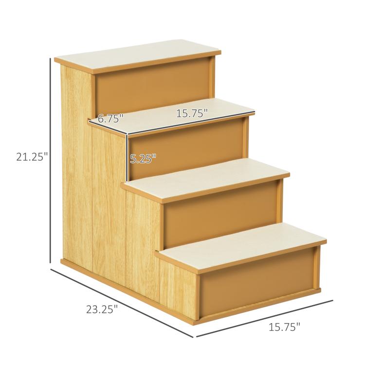 Pet stairs with natural wood frame and white padded steps, with dimension marks