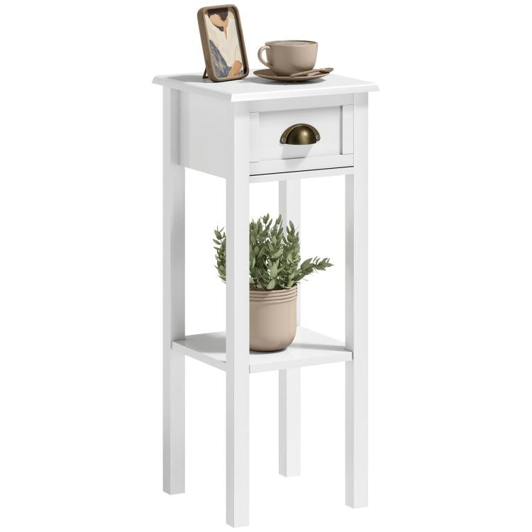White 2-tier side table with drawer and open shelf, gold-tone drawer handle