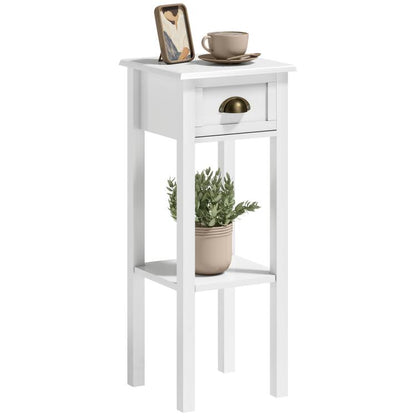White 2-tier side table with drawer and open shelf, gold-tone drawer handle