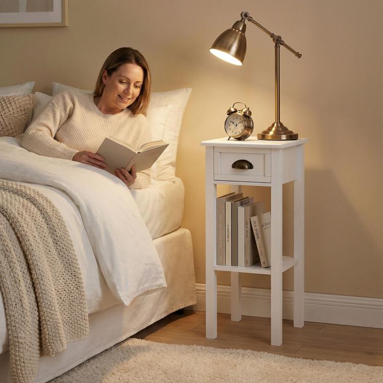 White 2-tier side table with drawer and open shelf
