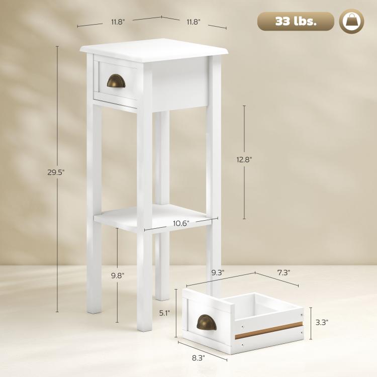 White side table with drawer and open shelf, gold-tone pull, front view with measurements