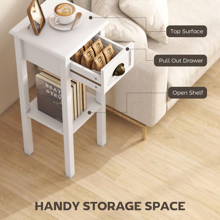 White side table with pull-out drawer and open shelf, brass-toned drawer pull