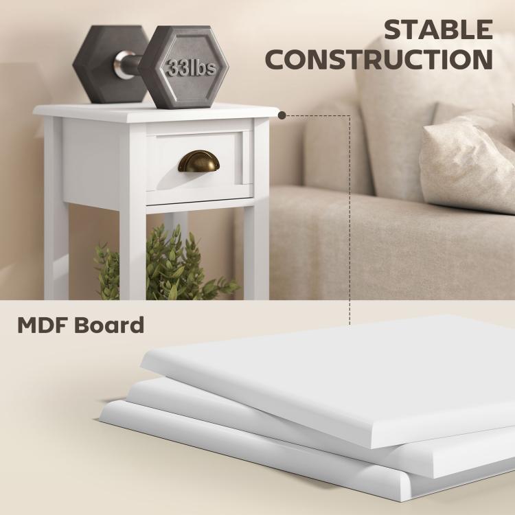 White side table with drawer and shelf, gold-tone drawer pull, stable construction view