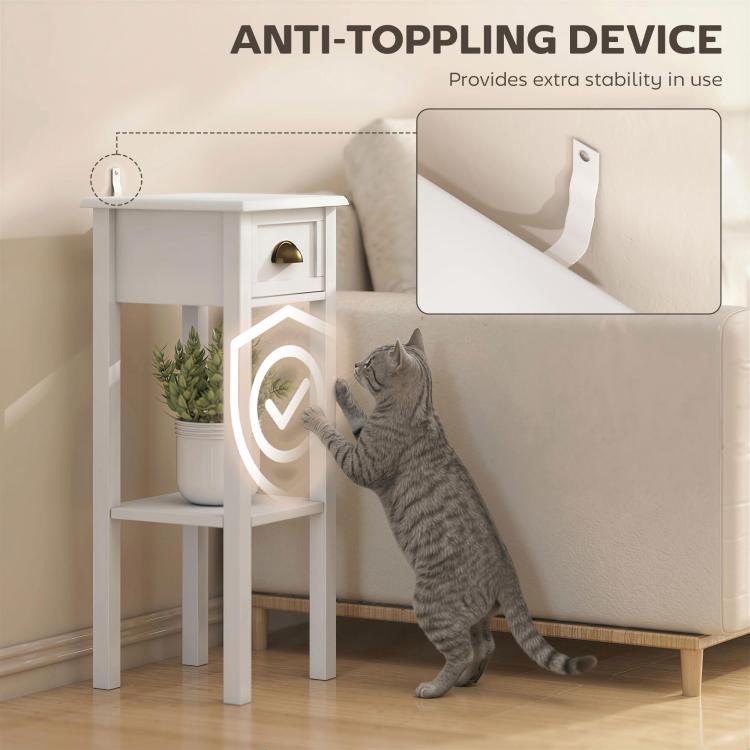 White side table with drawer and open shelf, gold-tone handle with anti-tip stability