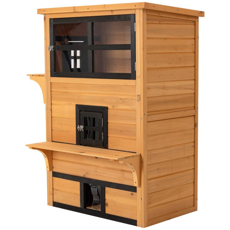 Wooden 3-tier outdoor cat shelter with side window panels and front escape door