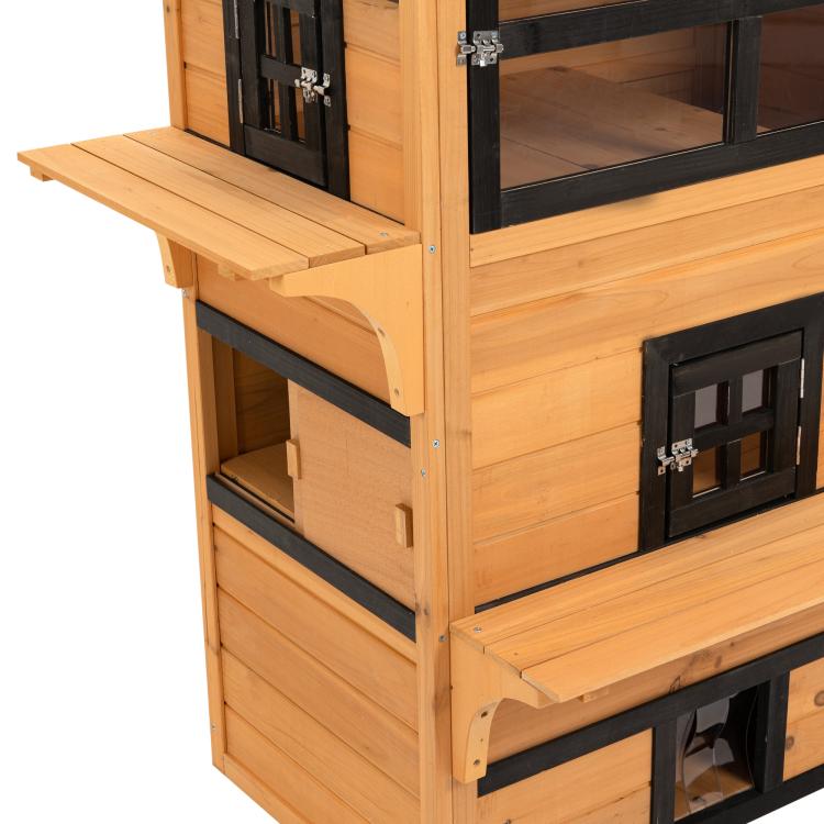 3-tier outdoor wooden cat shelter with side escape door and tier openings