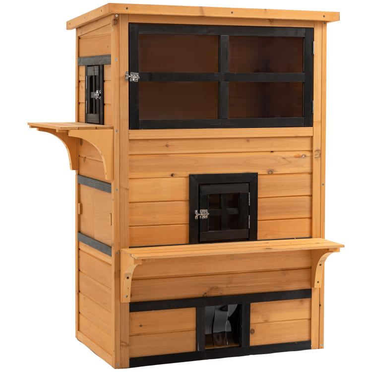3-tier outdoor wooden cat shelter with front escape door and window panels
