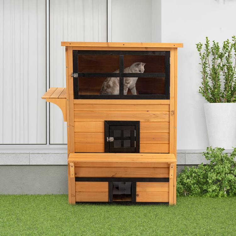 Outdoor wooden 3-tier cat shelter with dark window panels and square escape door