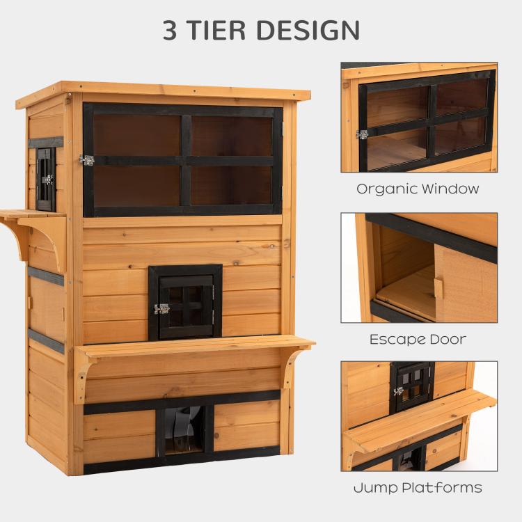 Wooden 3-tier cat shelter showing escape door, window openings, and jump platforms