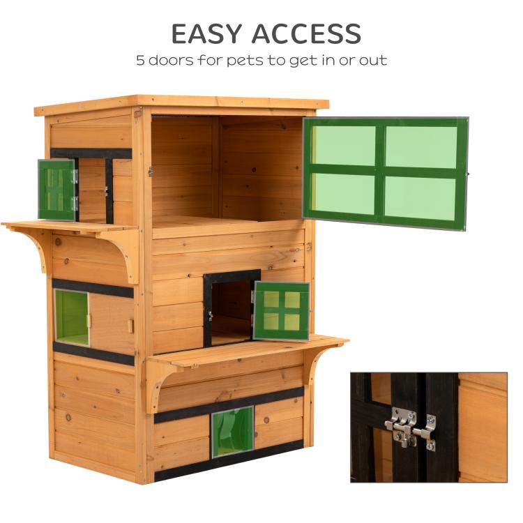 Wooden 3-tier cat shelter with escape door and multiple entry doors; easy access design