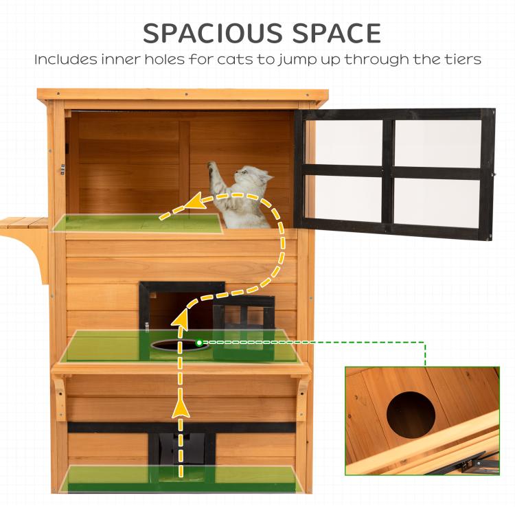 Wooden 3-tier cat house with spacious tier openings for jumping and a side escape door