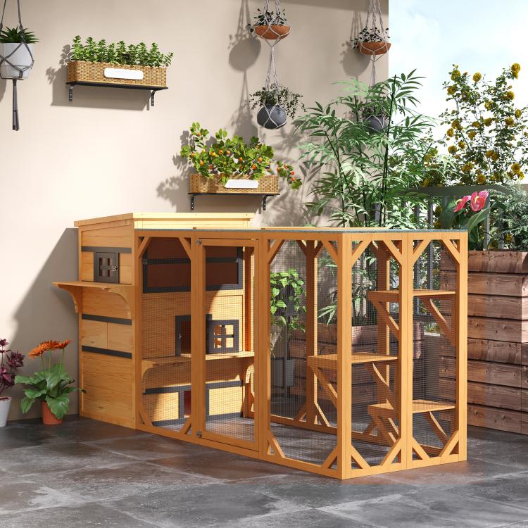Outdoor wooden 3-tier cat shelter with window openings, ramp platform, and escape door