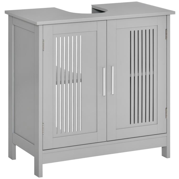 Grey bathroom storage cabinet with two door panels and vertical slat inserts, side view.