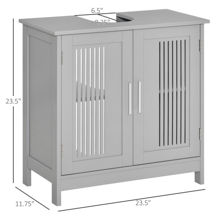 Grey bathroom cabinet with open top space, two slatted doors, and side height measurements.