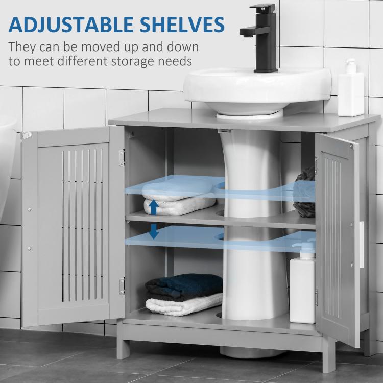 Grey bathroom cabinet with doors open, adjustable shelves and internal storage area visible.