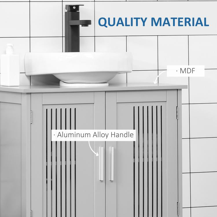 Grey bathroom cabinet front with two slatted doors and aluminum alloy handle detail.