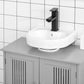 Grey under-sink bathroom cabinet with slatted door panels and mounted sink top.