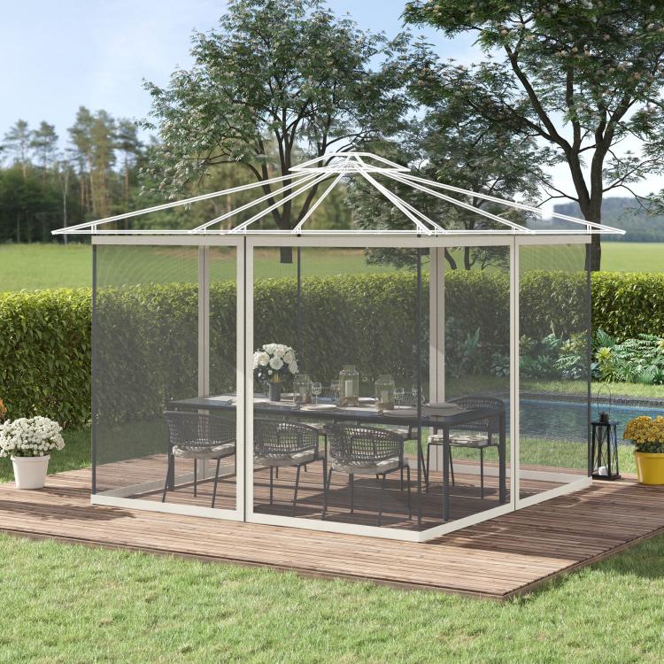 Mesh sidewall netting for a gazebo, dark gray panels with white frame and zipper seams
