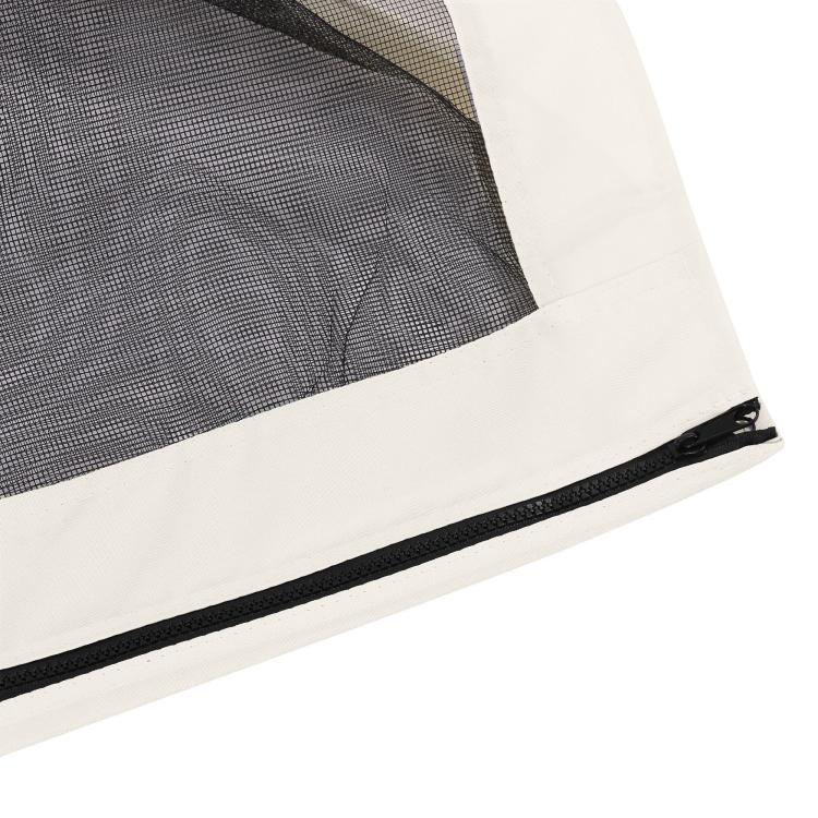 Dark gray mesh sidewall with white fabric border and black zipper track