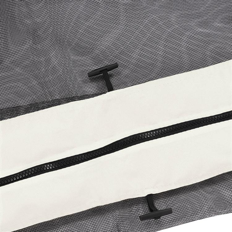 Close-up of black zipper track and pull on dark gray mesh sidewall netting