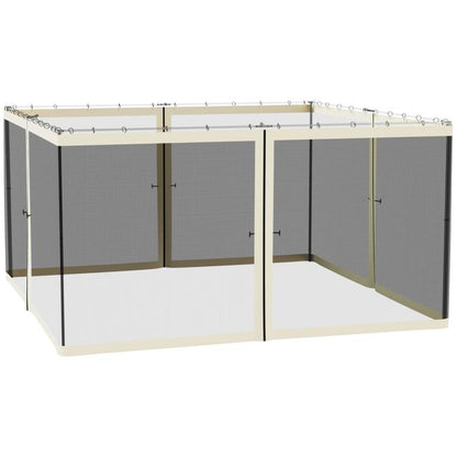 Cream mesh gazebo sidewall panels with zipper openings, three hinged sections
