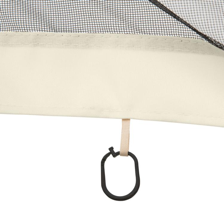 Cream mesh sidewall top seam with attached black curtain ring