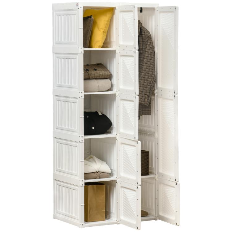 White folding portable wardrobe closet with open shelves and hanging section