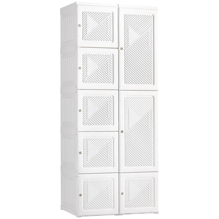 White folding wardrobe closet with six cube compartments and four magnetic door panels