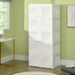 White folding wardrobe closet with textured door panels and stacked cube compartments