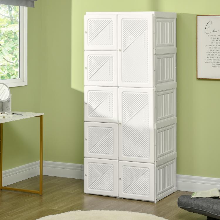 White folding wardrobe closet with textured door panels and stacked cube compartments
