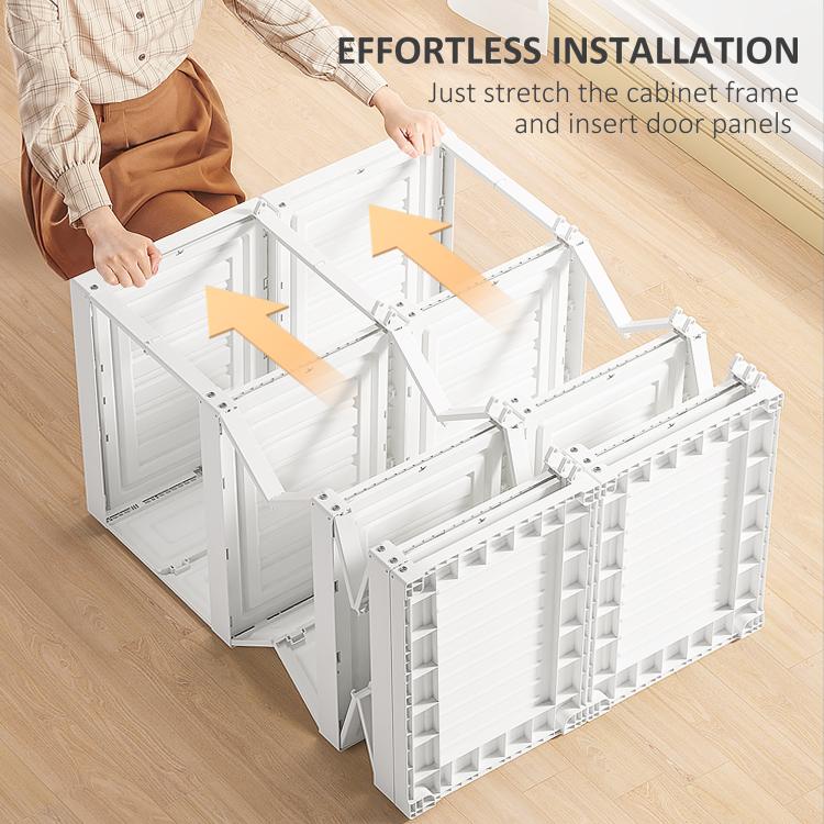 White folding wardrobe closet frame with door panels being installed