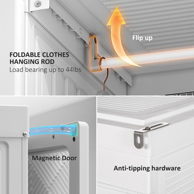 White wardrobe closet with hanging rod, magnetic door, and anti-tipping hardware