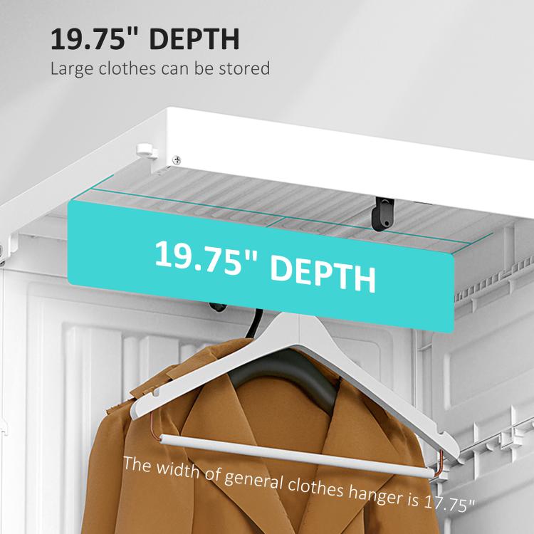 White wardrobe closet with top compartment depth and hanging rod inside