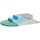 Foam climbing blocks set in blue, green, and gray, shown assembled from above