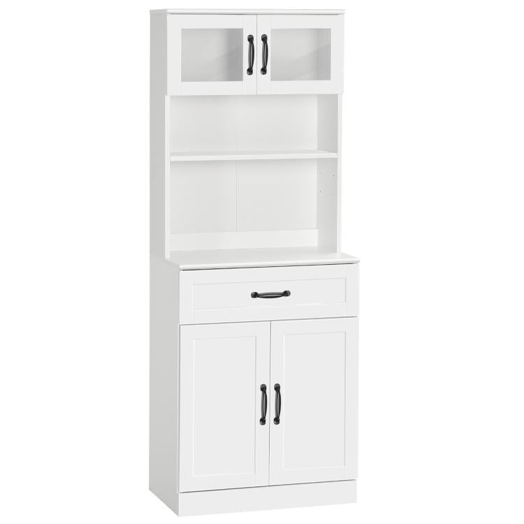 White freestanding hutch cabinet with top glass doors, center drawer, and lower double doors.
